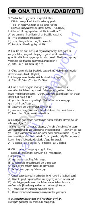 Ona tili va adabiyoti test savollari