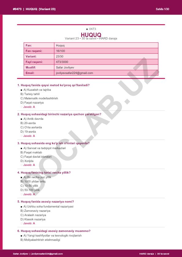 Huquq fanidan test savollari (Variant 23)