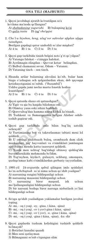Ona tili fanidan test savollari