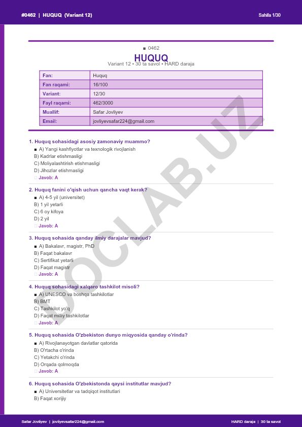Huquq fanidan test savollari (Variant 12)