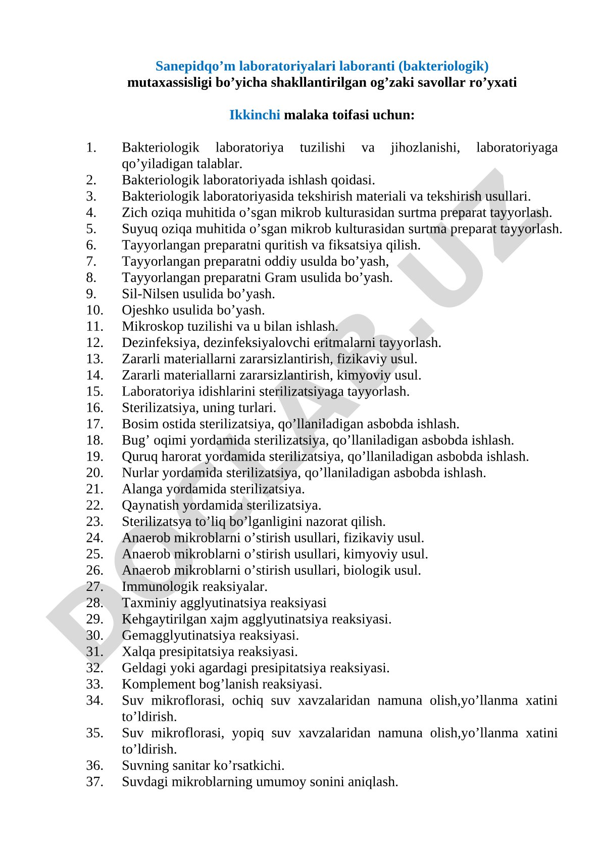 Sanepidqo'm laboratoriyalari laboranti (bakteriologik) mutaxassisligi bo'yicha og'zaki savollar ro'yxati