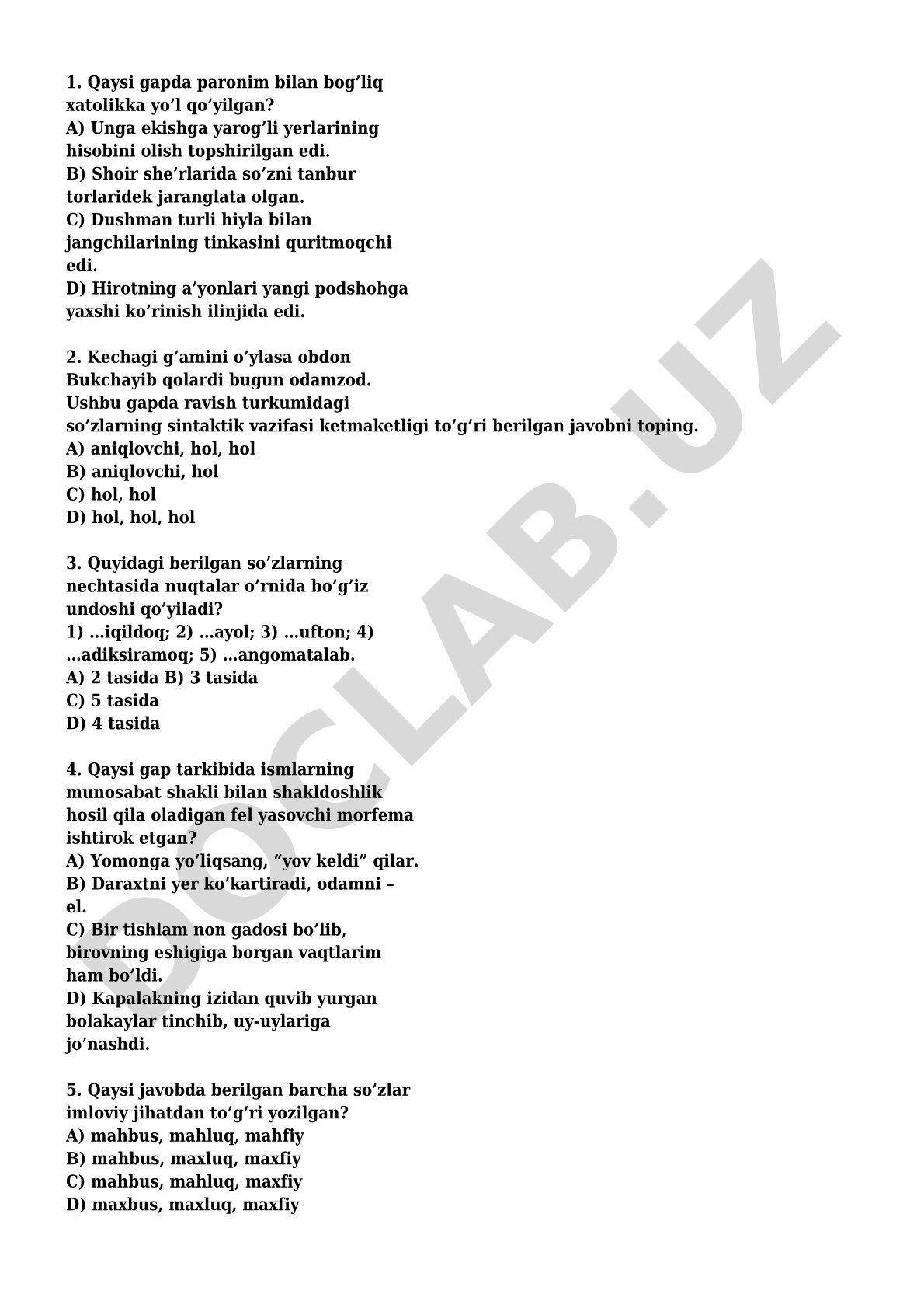 Paronim va ravish bilan bog'liq test savollari
