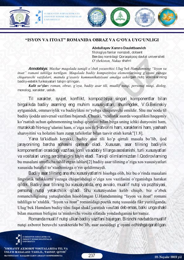 Ulug'bek Hamdamning "Isyon va itoat" romanida obraz va g'oya uyg'unligi