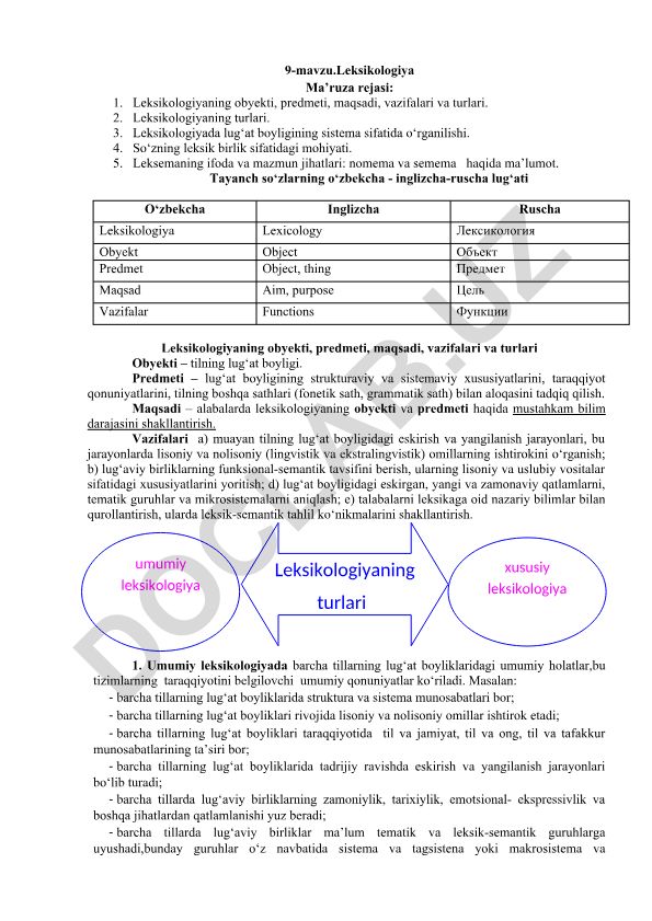 Leksikologiyaning obyekti, predmeti, maqsadi, vazifalari va turlari