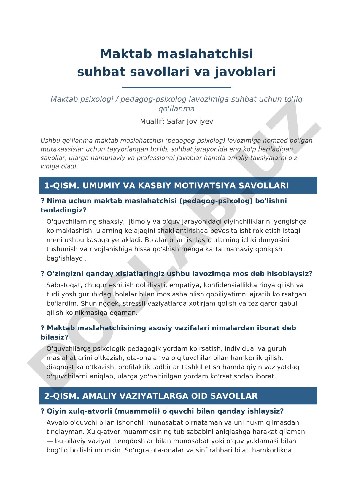 Maktab maslahatchisi suhbat savollari va javoblari