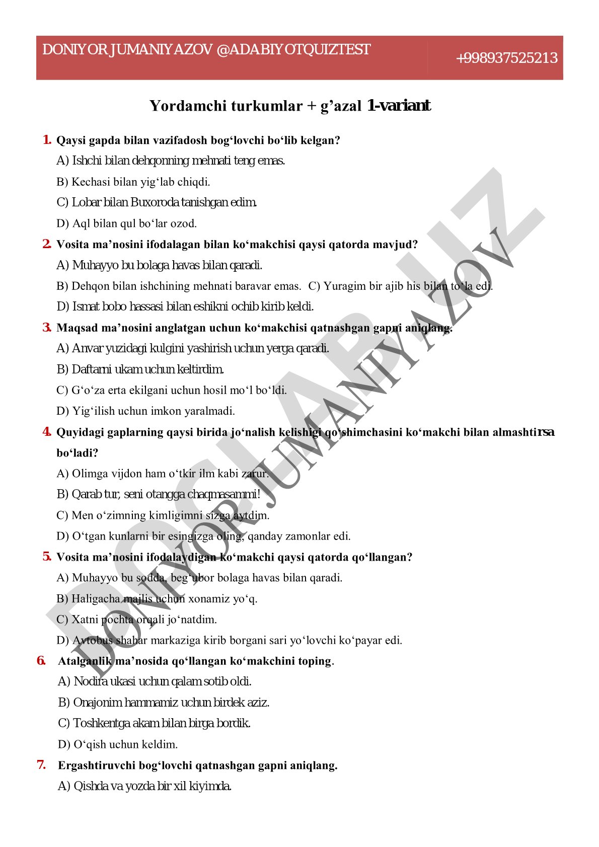 O'zbek tili ko'makchilari test savollari