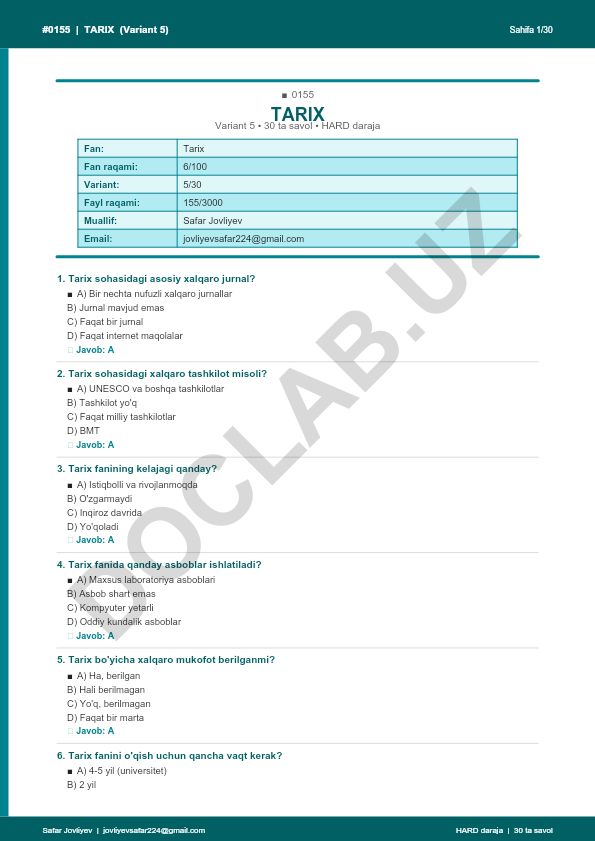 Tarix fanidan test savollari (Variant 5)