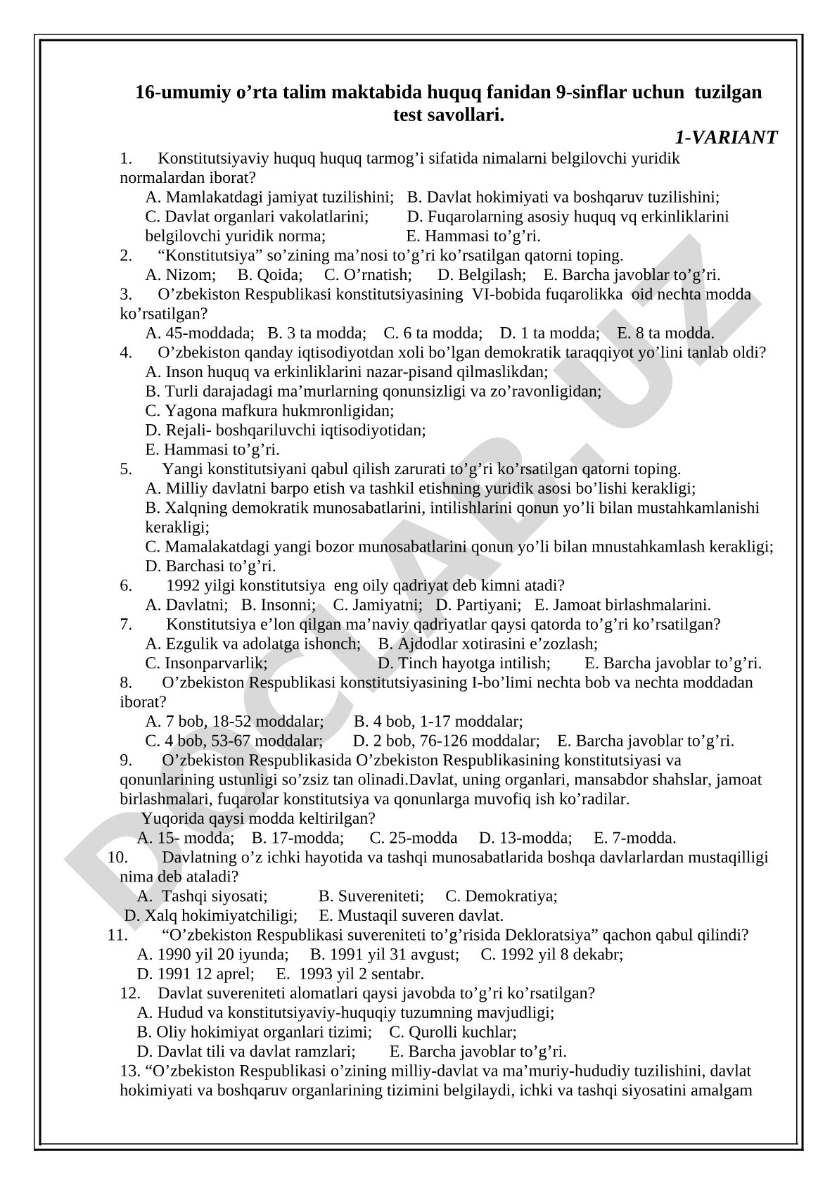 9-sinflar uchun huquq fanidan test savollari