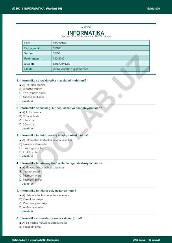 Informatika fanidan 30 ta savol testi (Variant 30)