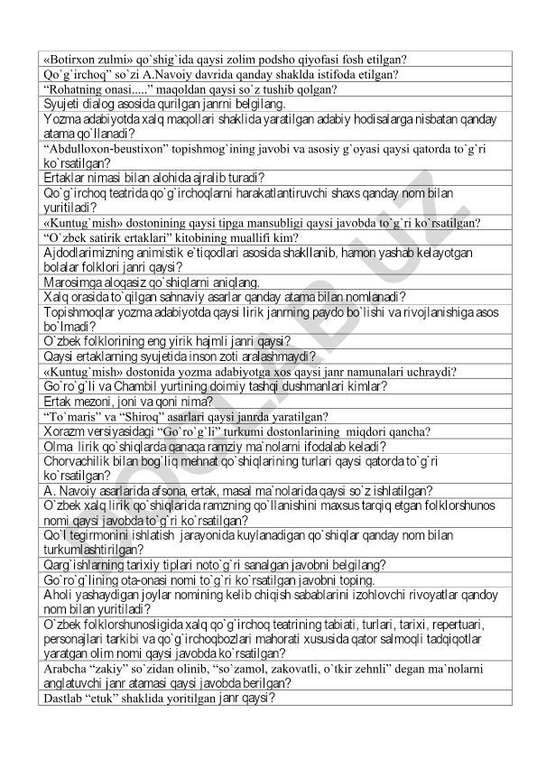 O'zbek folklori va adabiyotiga oid test savollari