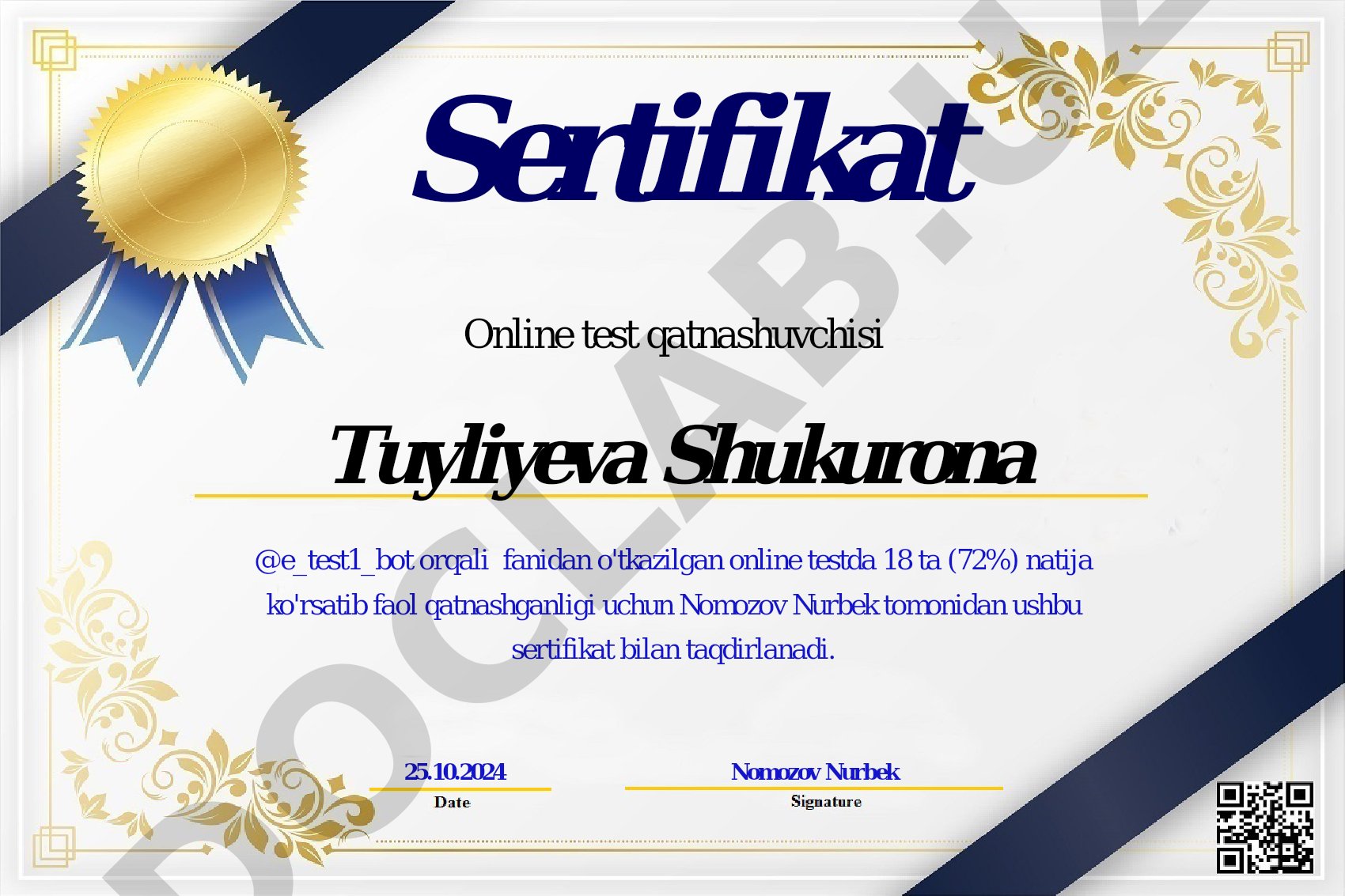 Online test qatnashuvchilari sertifikati