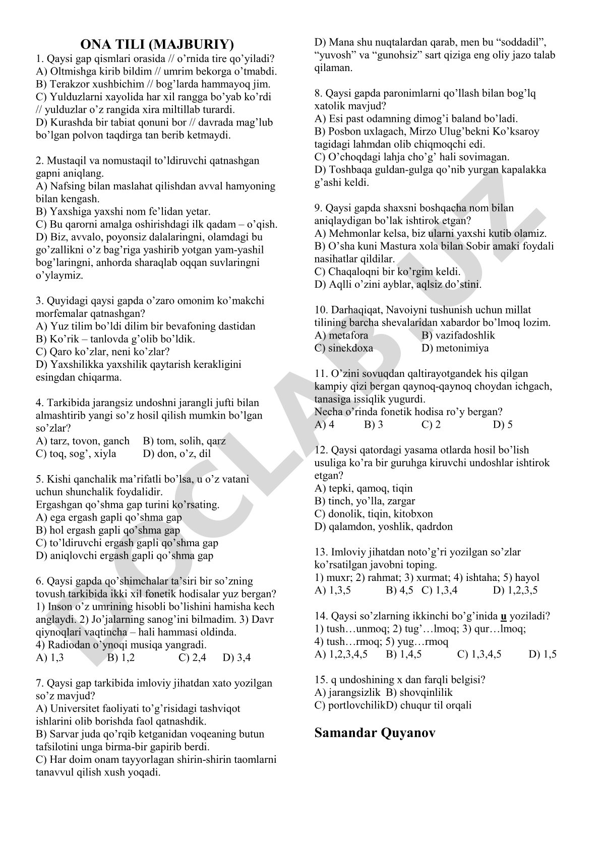 Ona tili test savollari