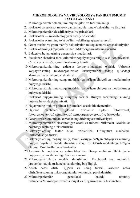 Mikrobiologiya va virusologiya fanidan umumiy savollar banki