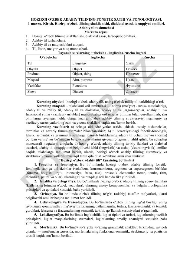 Hozirgi o‘zbek adabiy tilining fonetik sathi va fonologiyasi