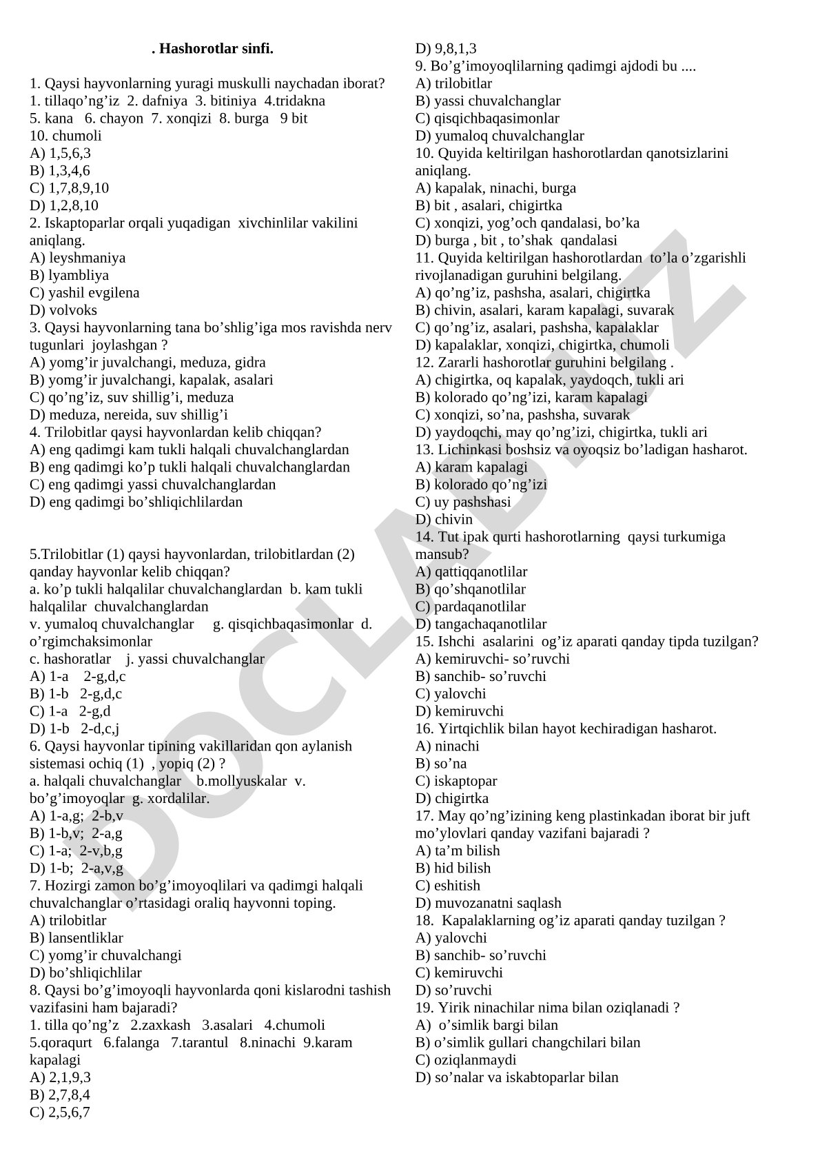 Hashorotlar sinfi test savollari