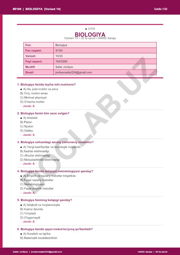 Biologiya fanidan test savollari (Variant 14)