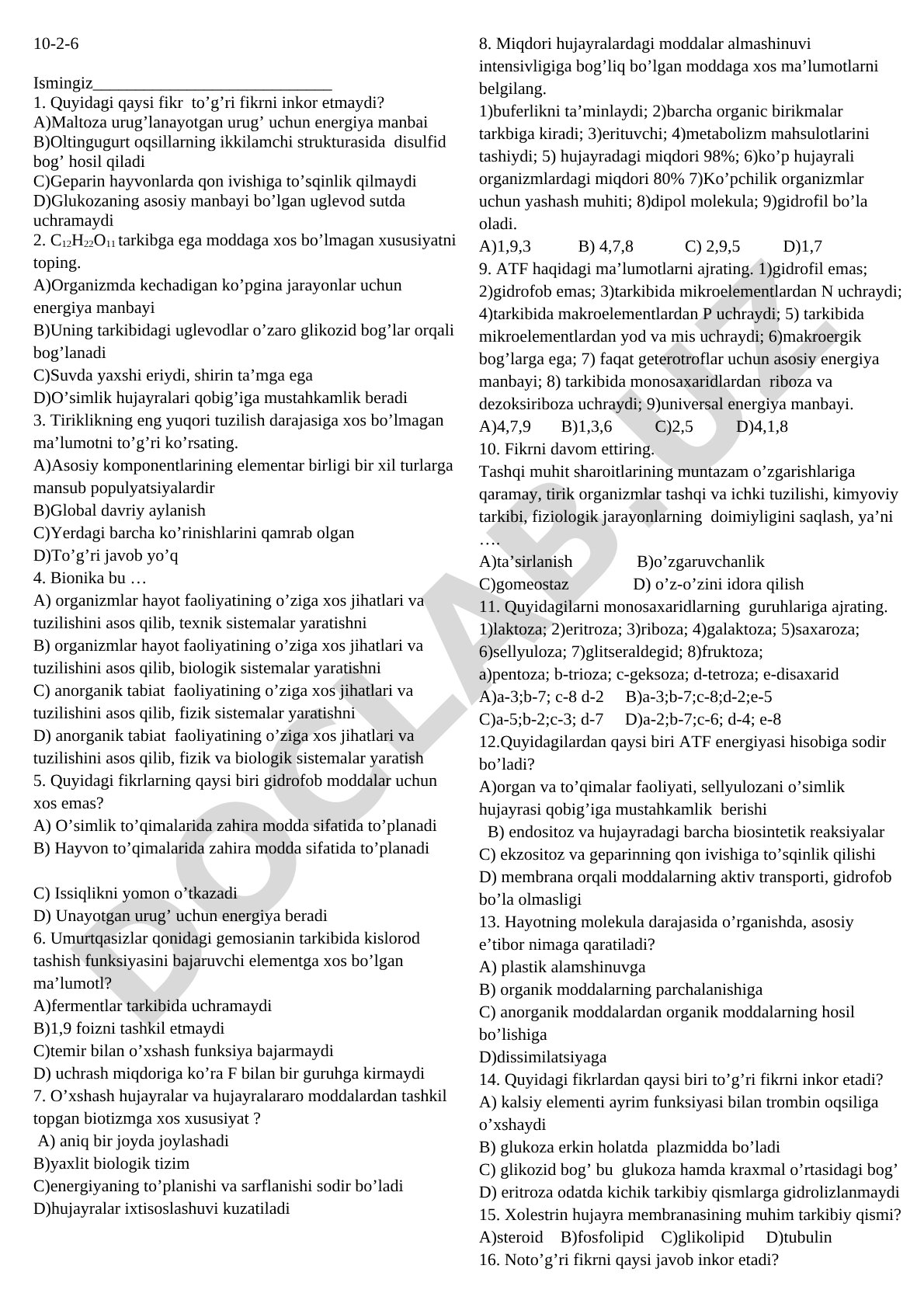 Biologiya test savollari