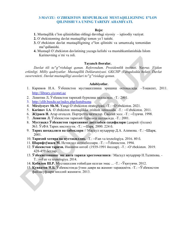 O'zbekiston Respublikasi mustaqilligining e'lon qilinishi va uning tarixiy ahamiyati