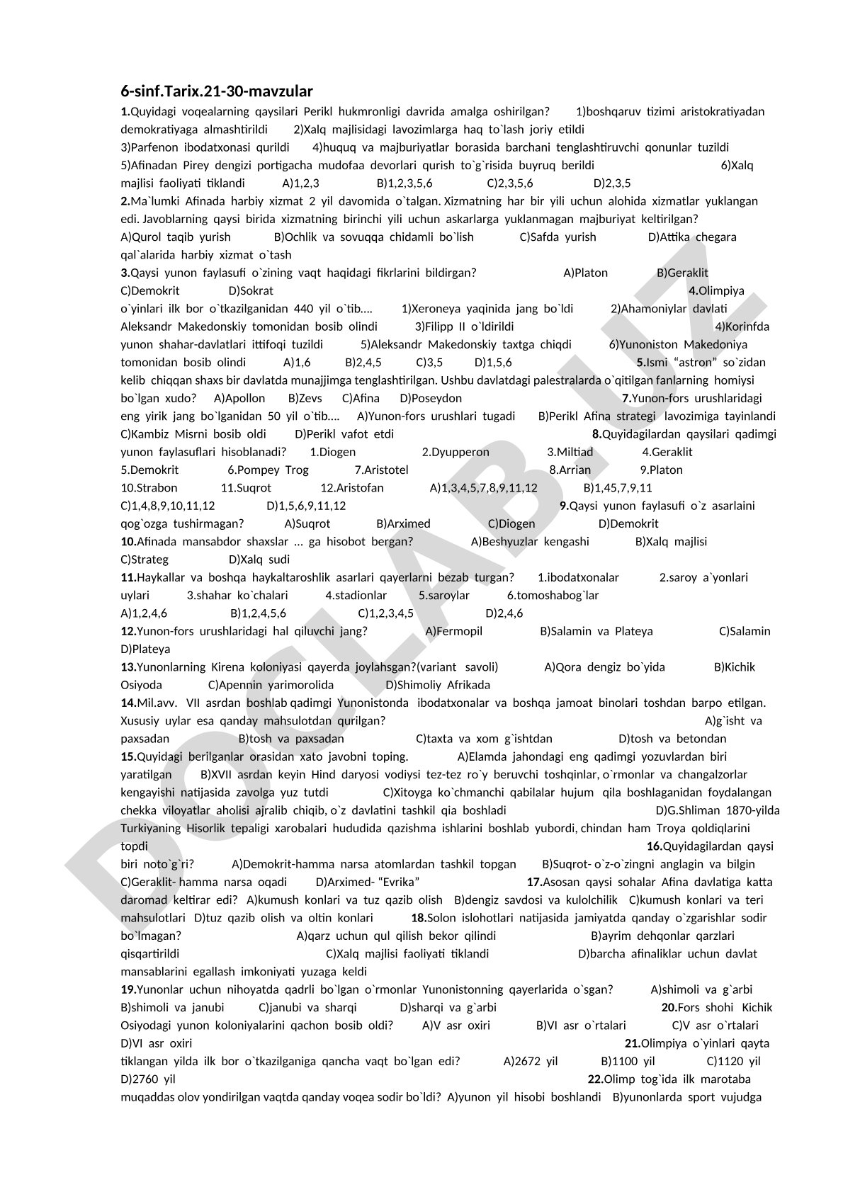 6-sinf Tarix 21-30-mavzular test savollari