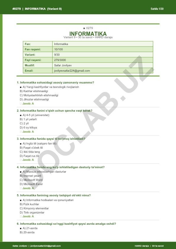 Informatika fanidan 30 ta savol va javoblar to'plami