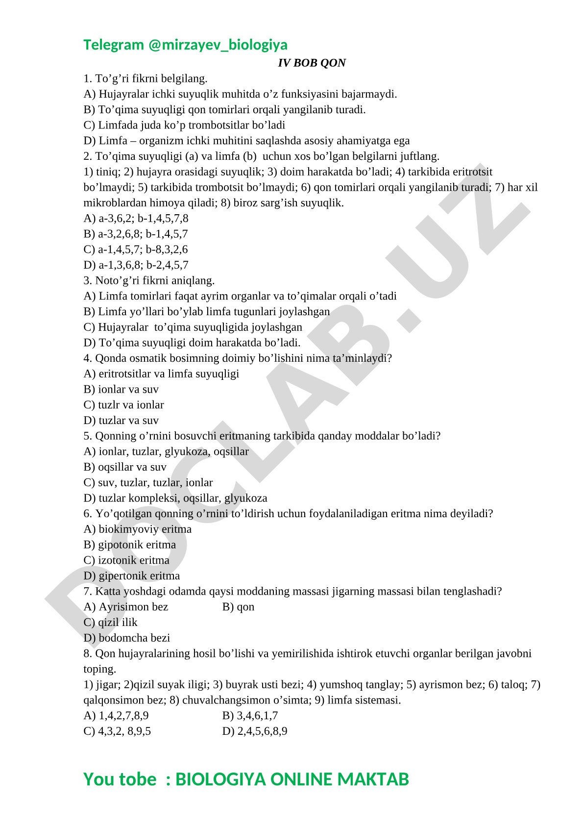 Qon va limfa tizimi test savollari