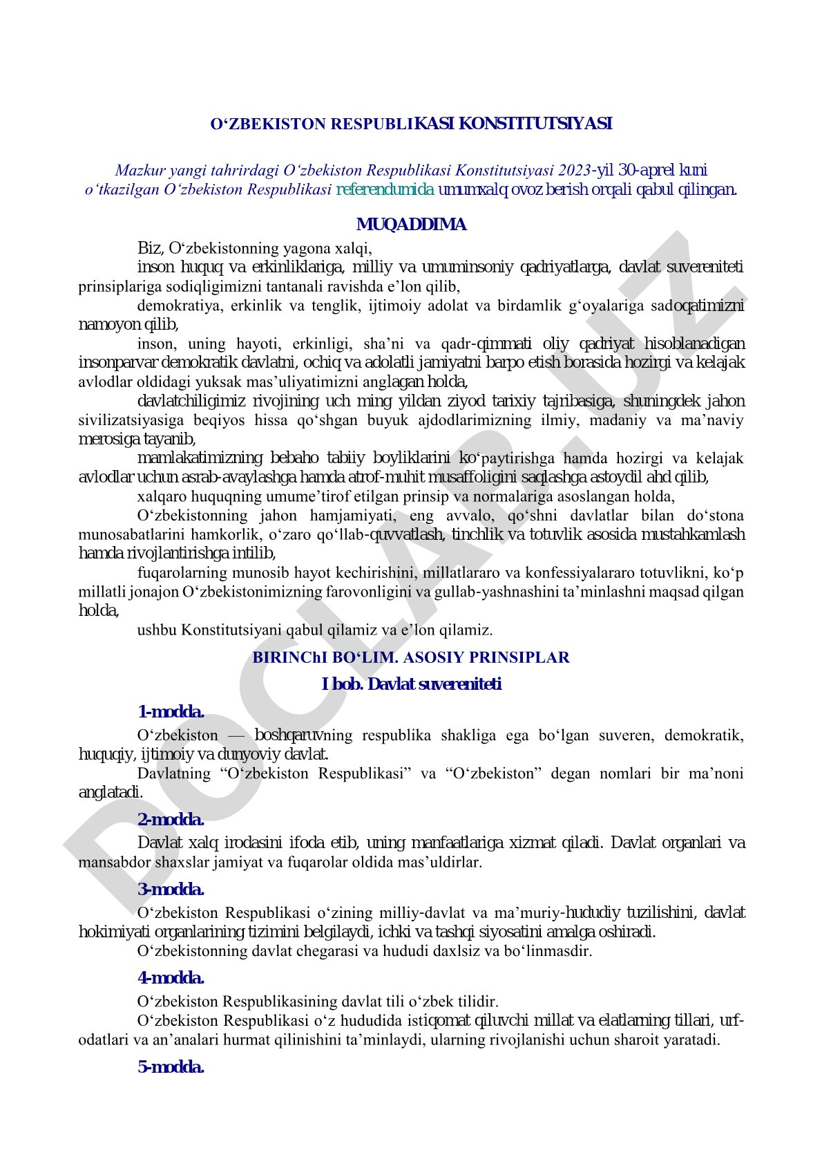 O'zbekiston Respublikasi Konstitutsiyasi (yangi tahrir)