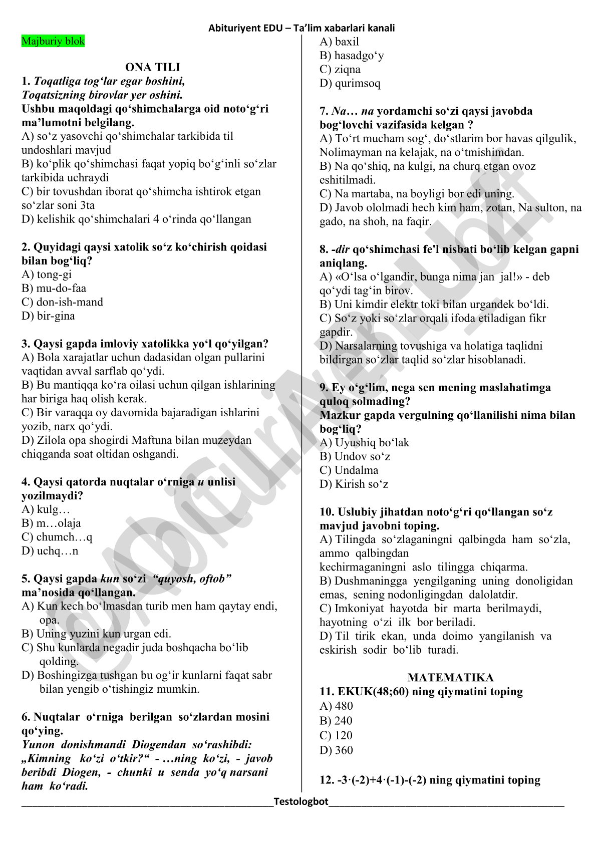 Abituriyent EDU – Ta’lim xabarlari kanali test savollari