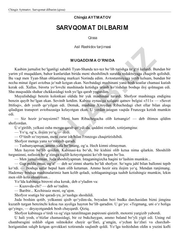 Chingiz Aytmatovning Sarvqomat dilbarim qissasi