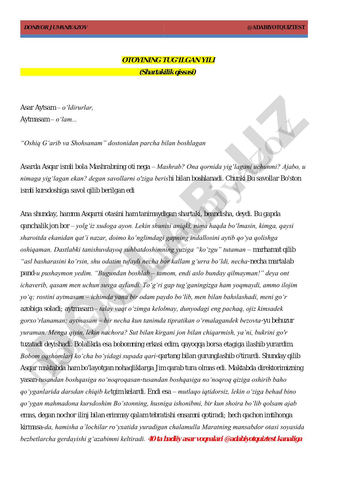 DONIYOR JUMANIYAZOV @ADABIYOTQUIZTEST OTOYINING TUG'ILGAN YILI (Shartakilik qissasi)