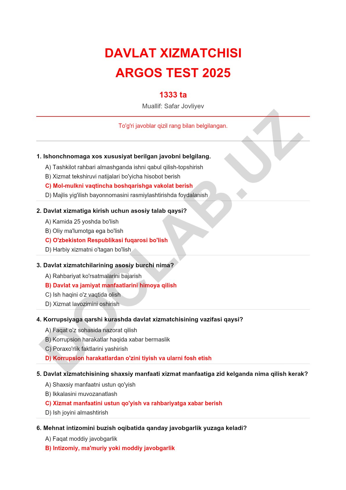 Davlat xizmatchisi argos testi 2025