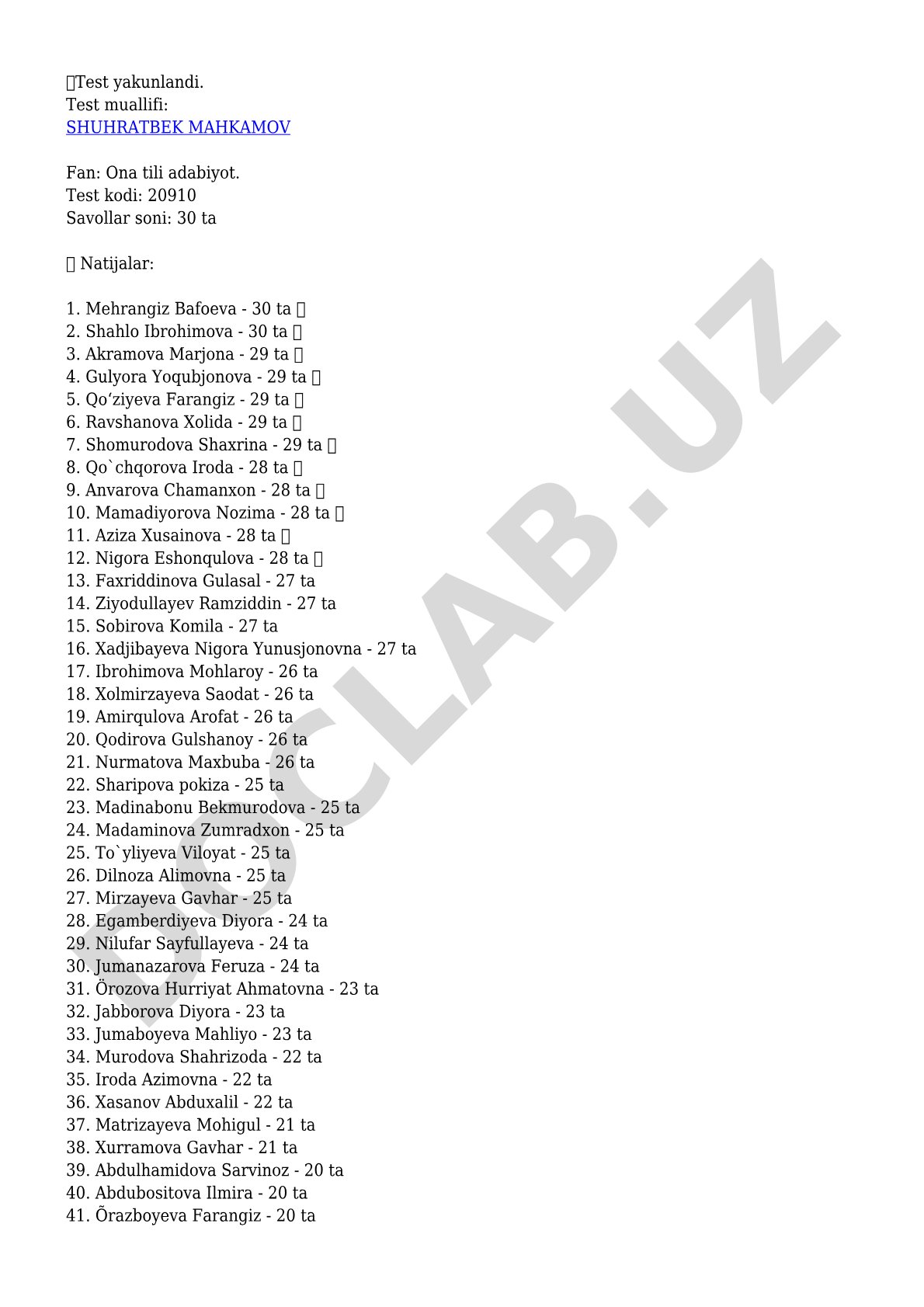 Ona tili adabiyot fanidan test natijalari