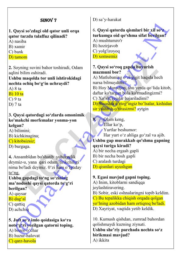 O'zbek tili test savollari va javoblari