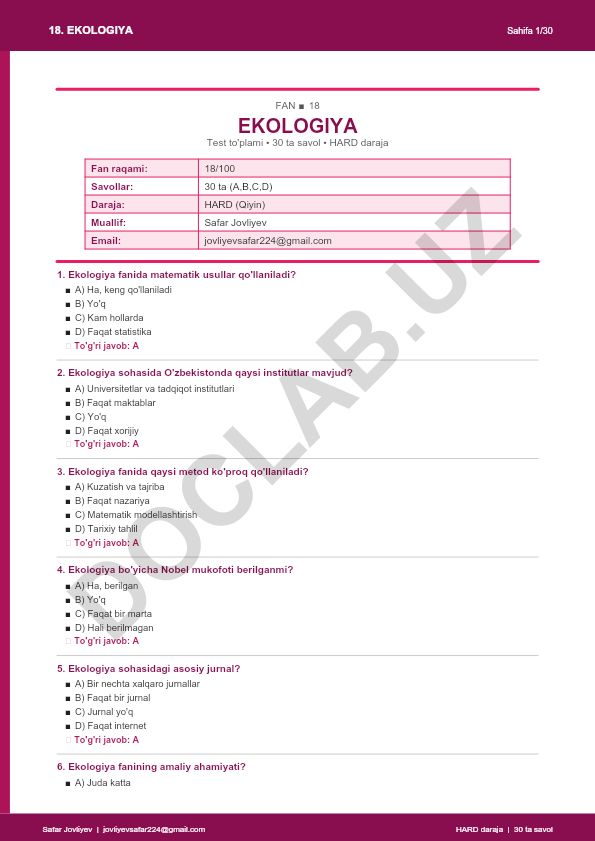 Ekologiya faniga oid 30 ta savolli test to'plami