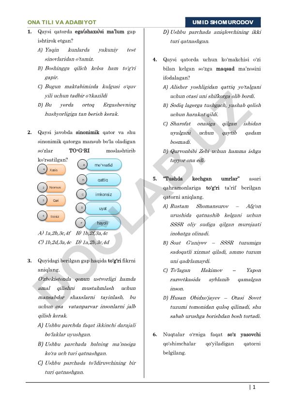 Ona tili va adabiyot fanidan test savollari