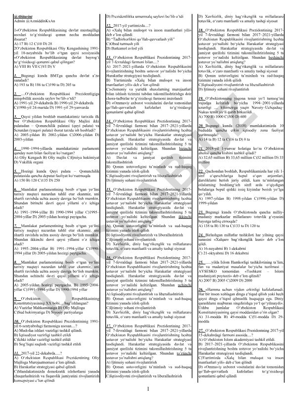 O'zbekiston Respublikasi davlat mustaqilligi va siyosiy tuzilishi test savollari