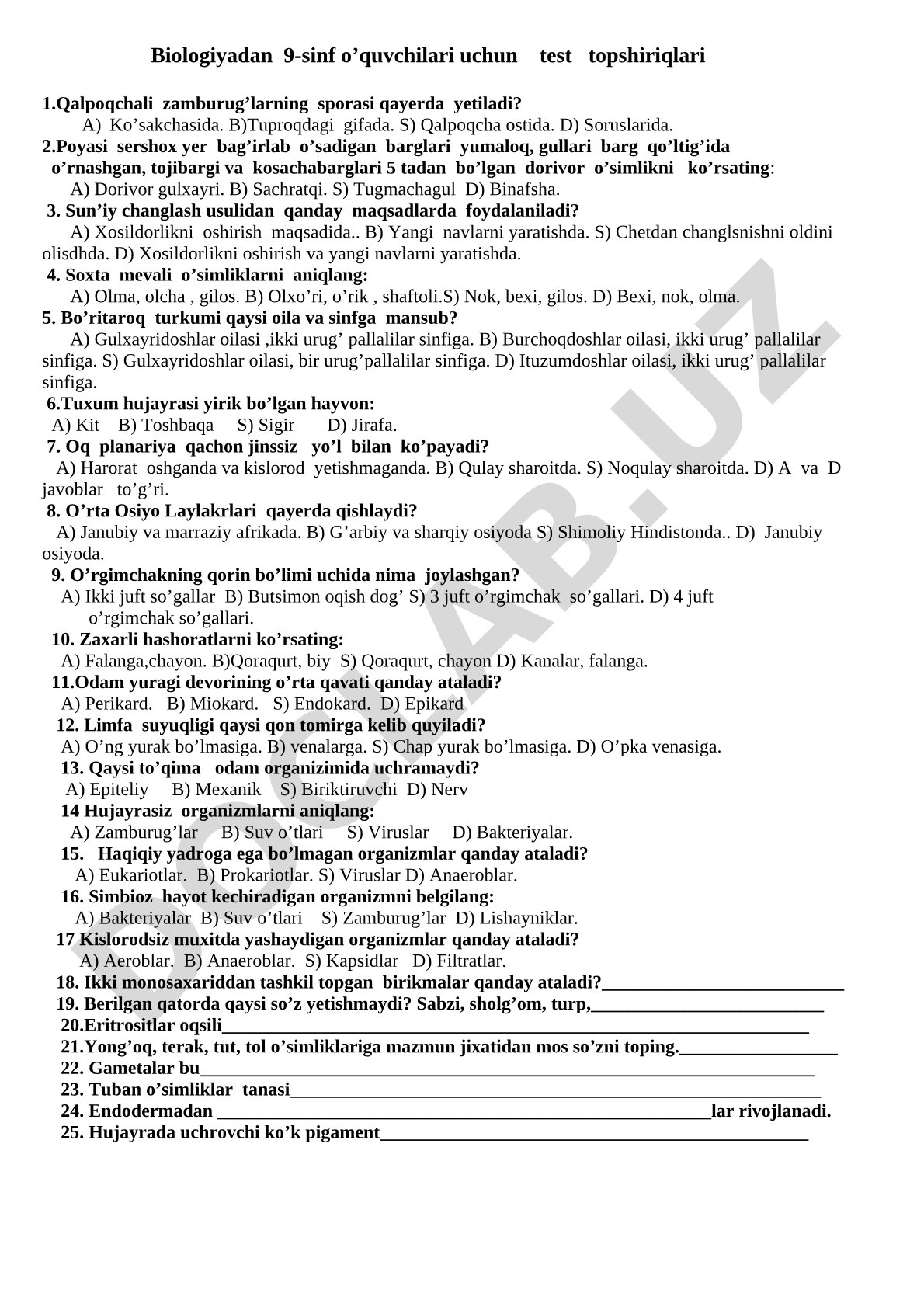 Biologiyadan 9-sinf o'quvchilari uchun test topshiriqlari