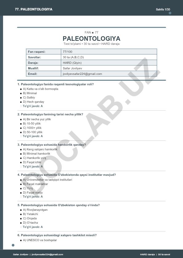 Paleontologiya faniga oid test to'plami