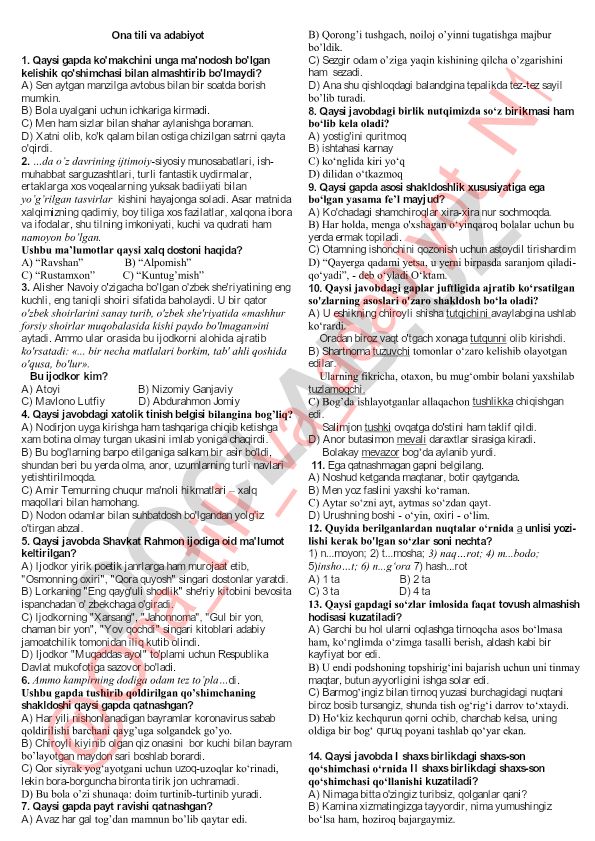 Ona tili va adabiyot fanidan test savollari