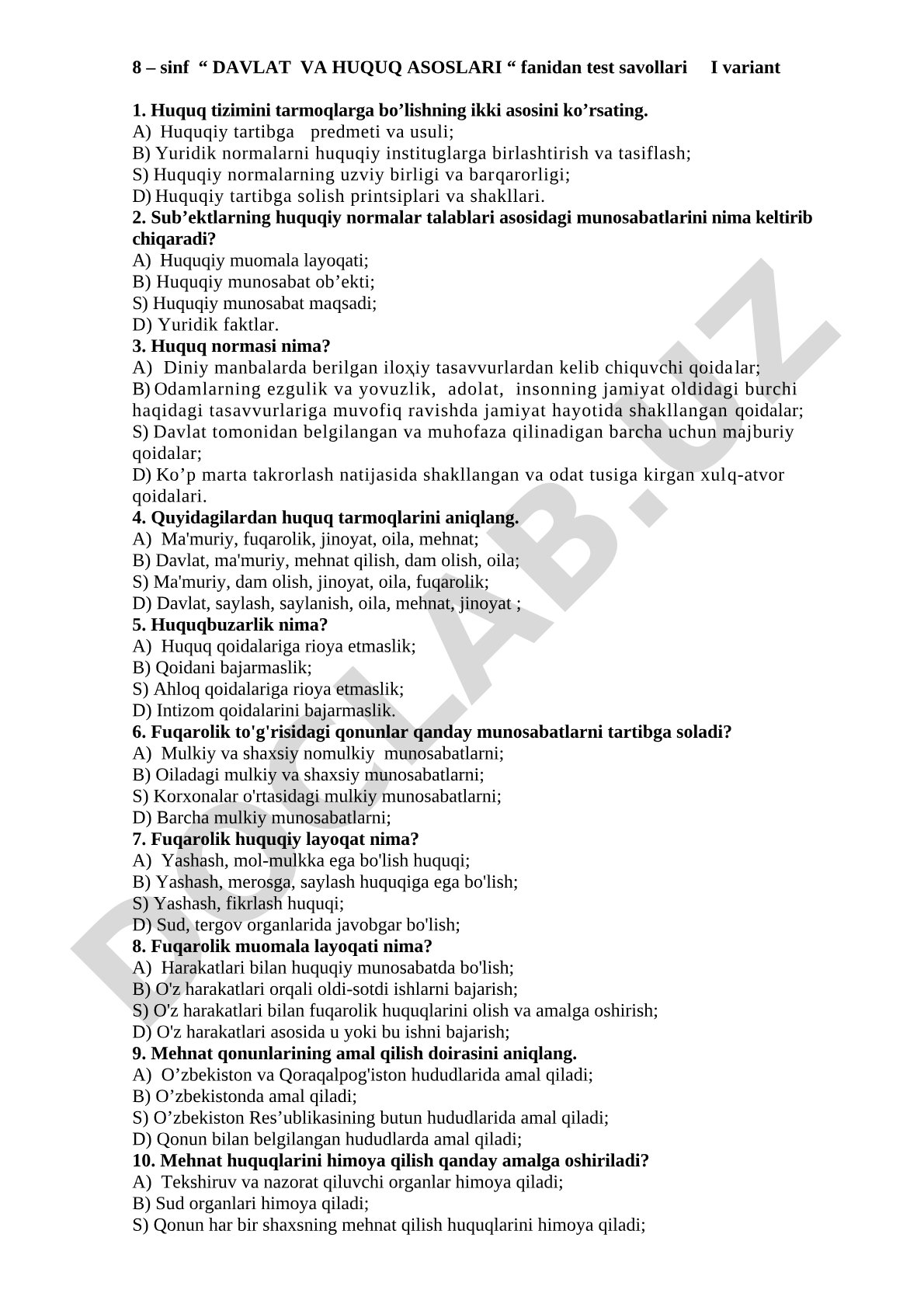 8-sinf Davlat va huquq asoslari fanidan test savollari I variant