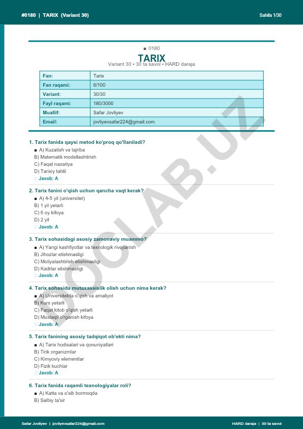 Tarix faniga oid test savollari va javoblari