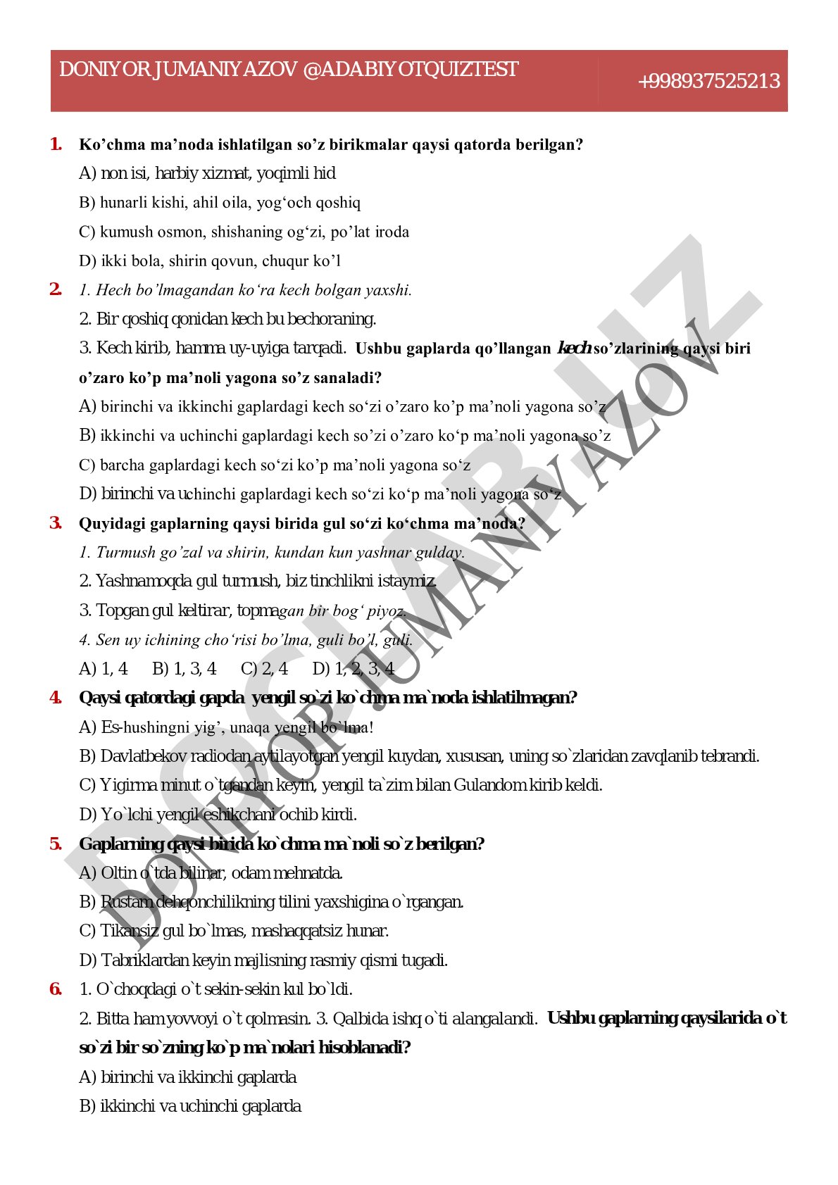 O'zbek tili test savollari