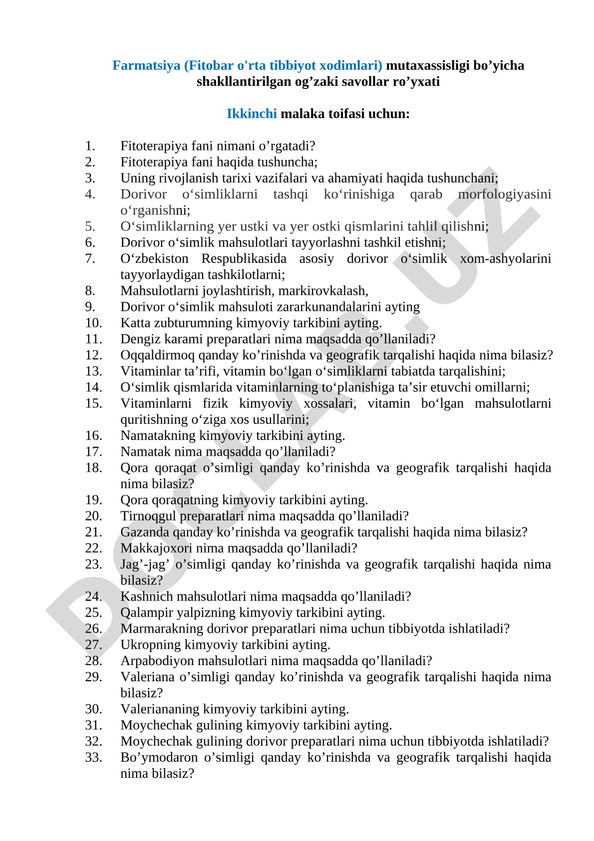 Farmatsiya (Fitobar o'rta tibbiyot xodimlari) mutaxassisligi bo'yicha og'zaki savollar ro'yxati