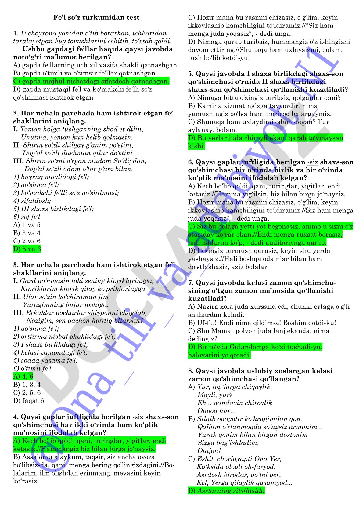 Fe'l so'z turkumidan test