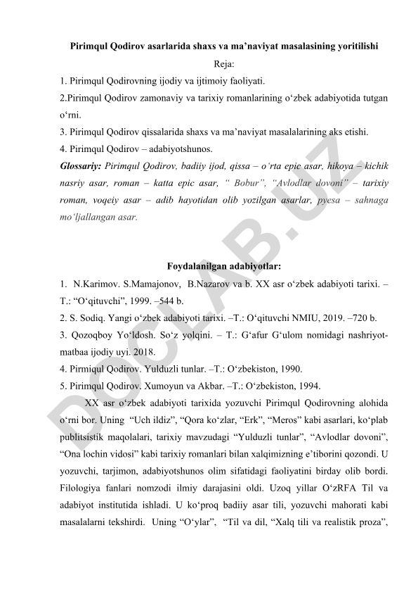 Pirimqul Qodirov asarlarida shaxs va ma'naviyat masalasining yoritilishi