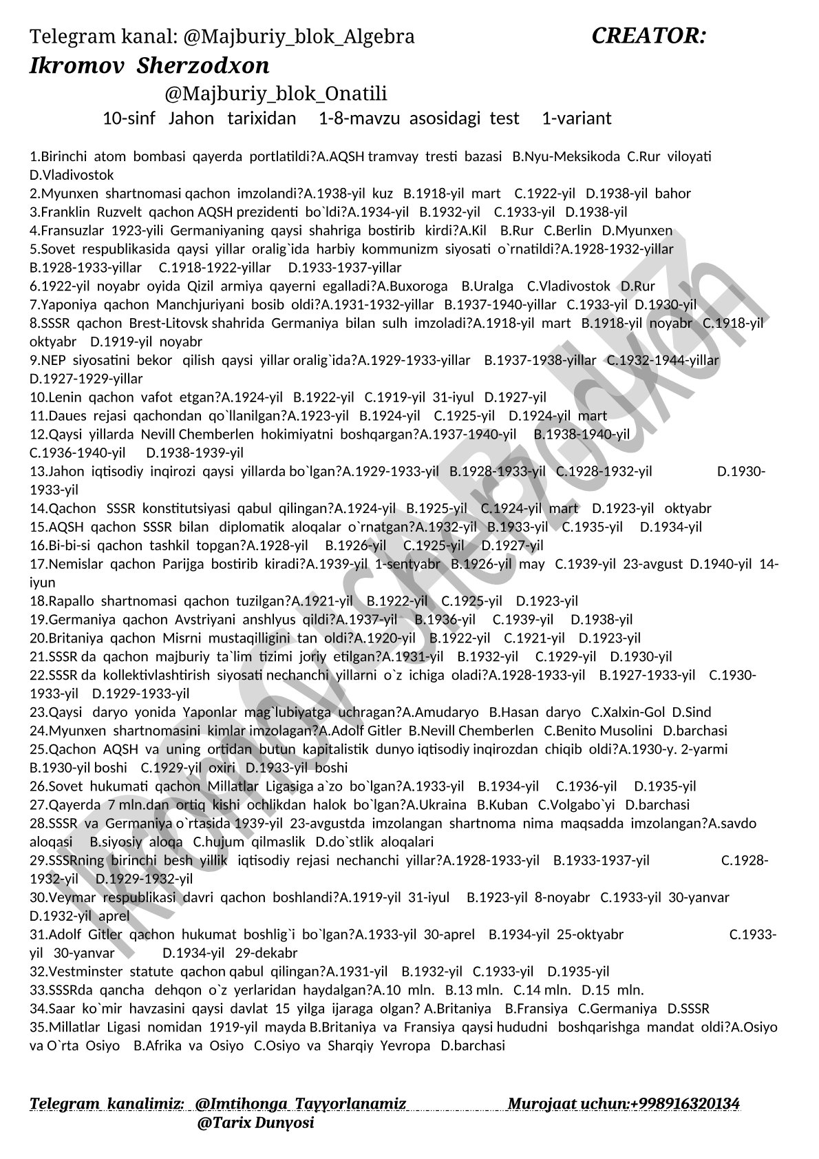 10-sinf Jahon tarixidan 1-8-mavzu asosidagi test 1-variant