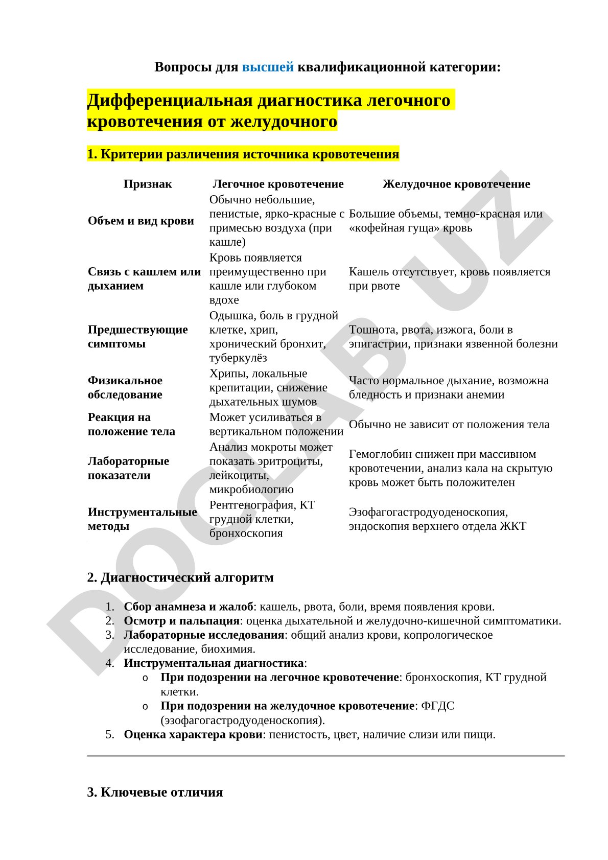 Дифференциальная диагностика легочного кровотечения от желудочного