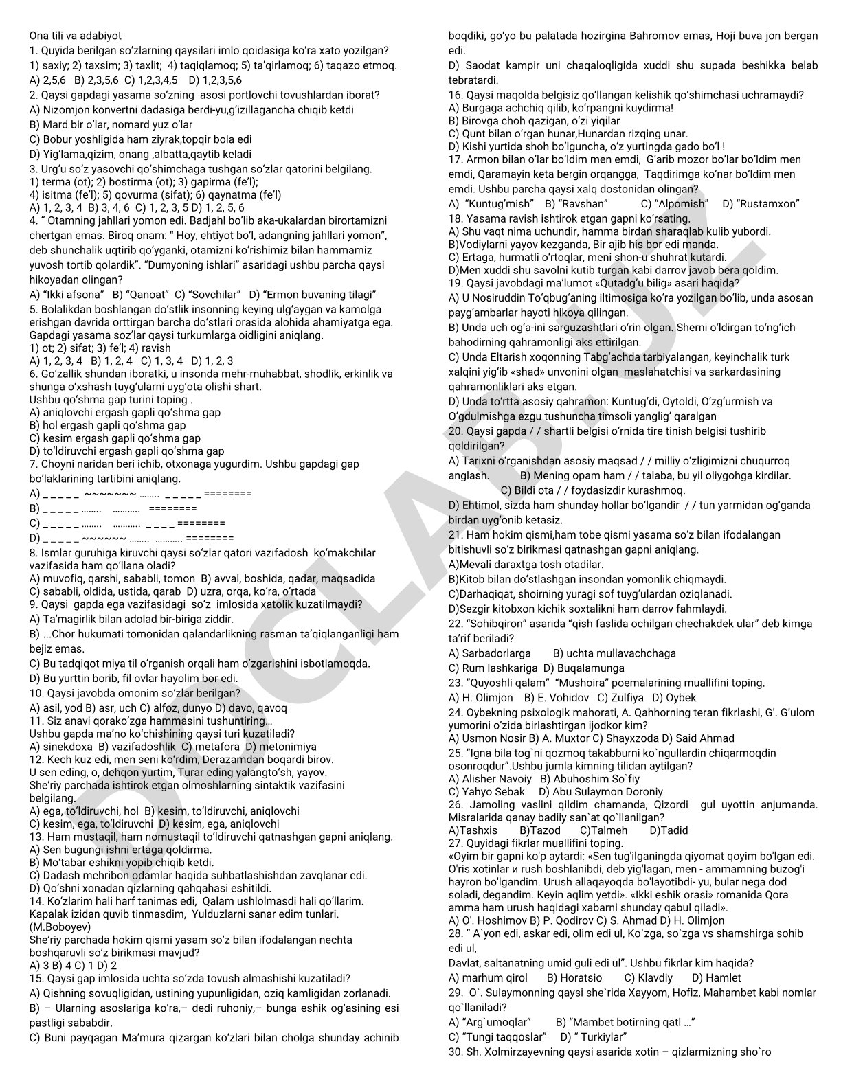 Ona tili va adabiyot test savollari