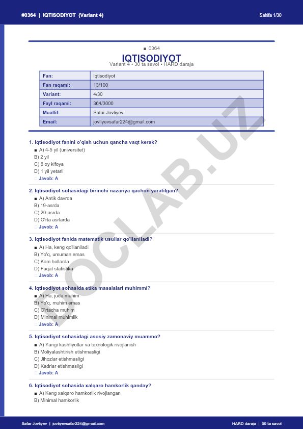 Iqtisodiyot faniga oid 30 ta savol va javoblar to'plami