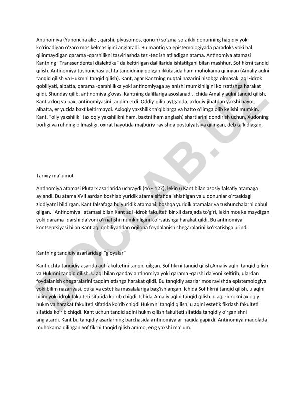 Antinomiya tushunchasi va Kant falsafasidagi o'rni