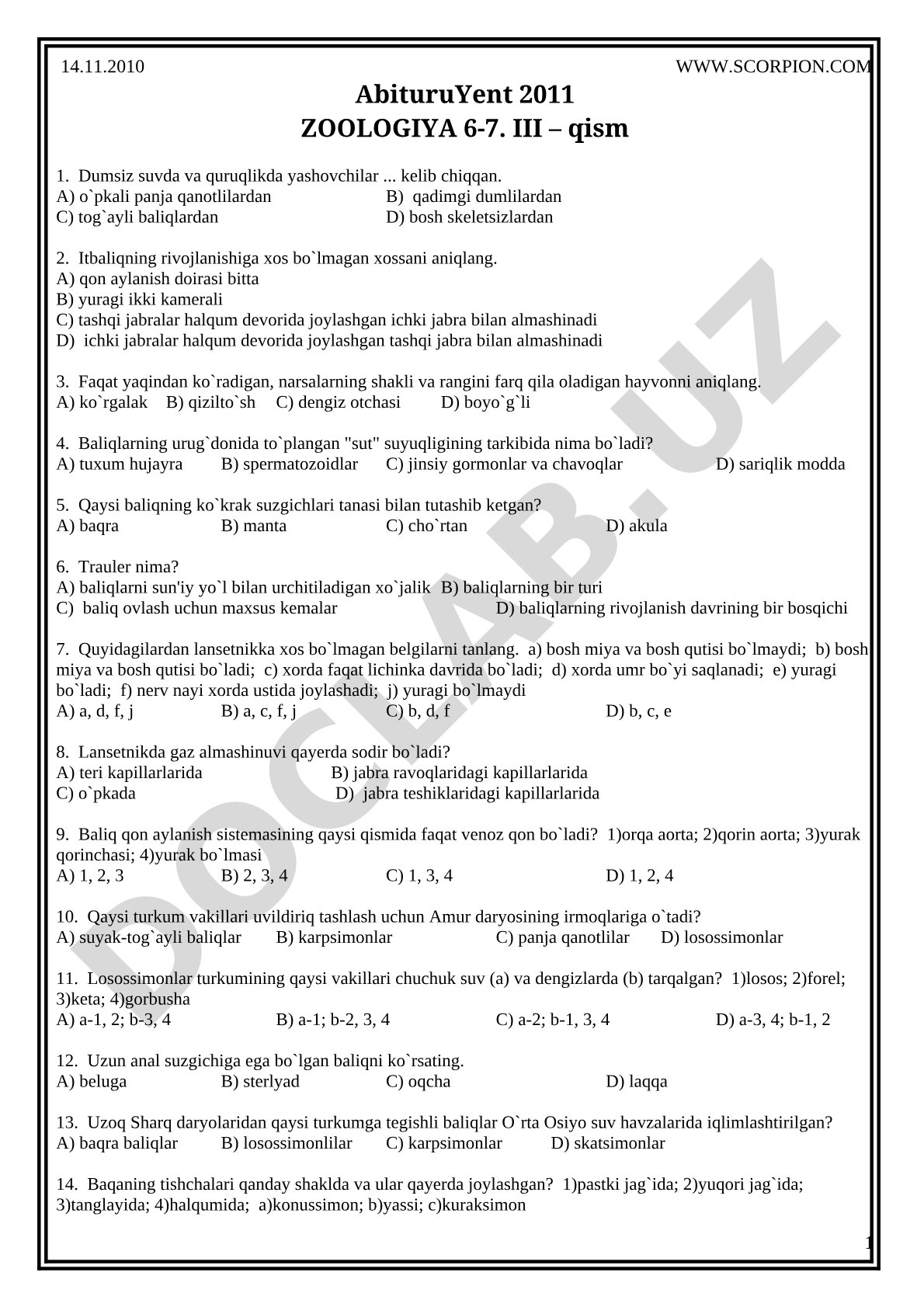 Zoologiya 6-7. III – qism test savollari